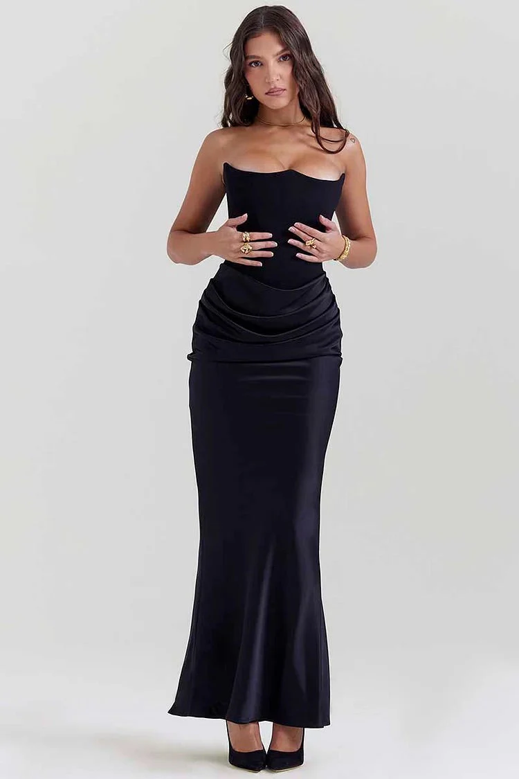 Heidi-Mode | Elegante Bustier-Patchwork Formelle Party Fishtail Maxi Kleider-Schwarz - Image 11