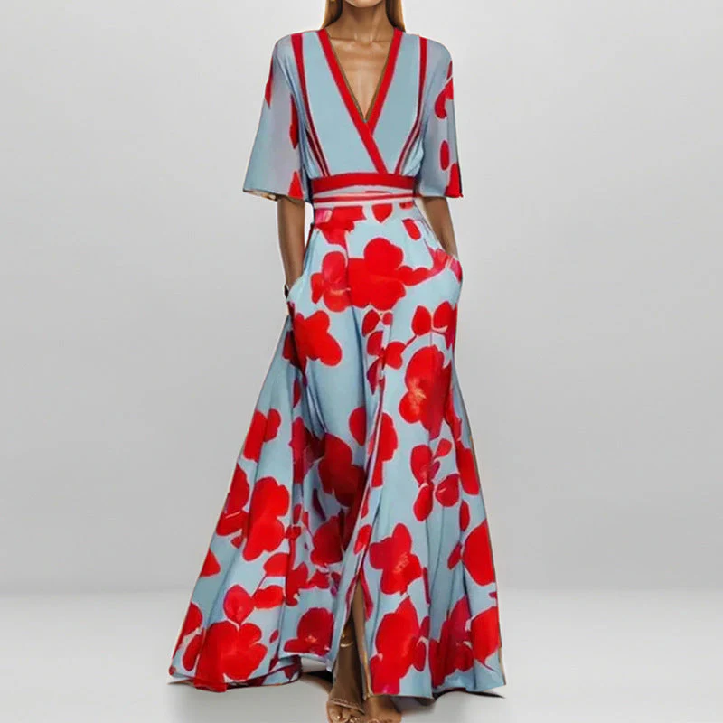 Heidi-Mode | Elegantes V-Ausschnitt Bedrucktes Taillenkleid mit Schößchen - Image 3