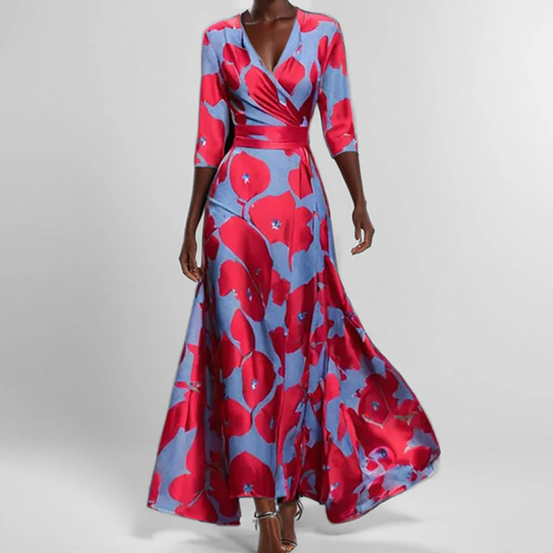 Heidi-Mode | Elegantes V-Ausschnitt Bedrucktes Taillenkleid mit Schößchen - Image 4
