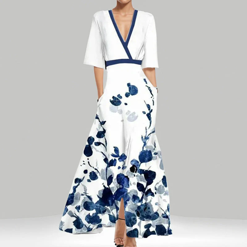 Heidi-Mode | Elegantes V-Ausschnitt Bedrucktes Taillenkleid mit Schößchen - Image 6