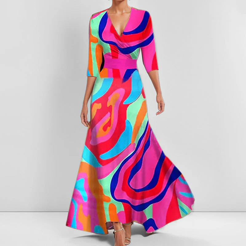 Heidi-Mode | Elegantes V-Ausschnitt Bedrucktes Taillenkleid mit Schößchen - Image 9