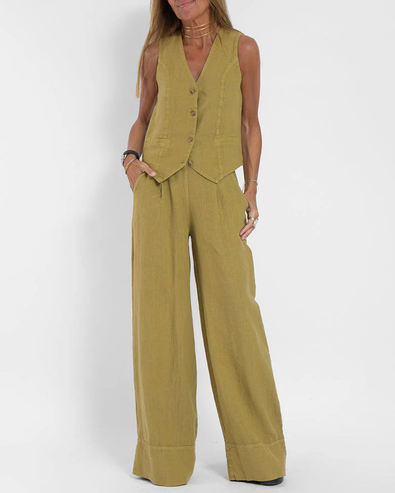 Heidi-Mode | Elegantes 2-Teiliges Set Leinen Weite Hose & Weste - Image 19