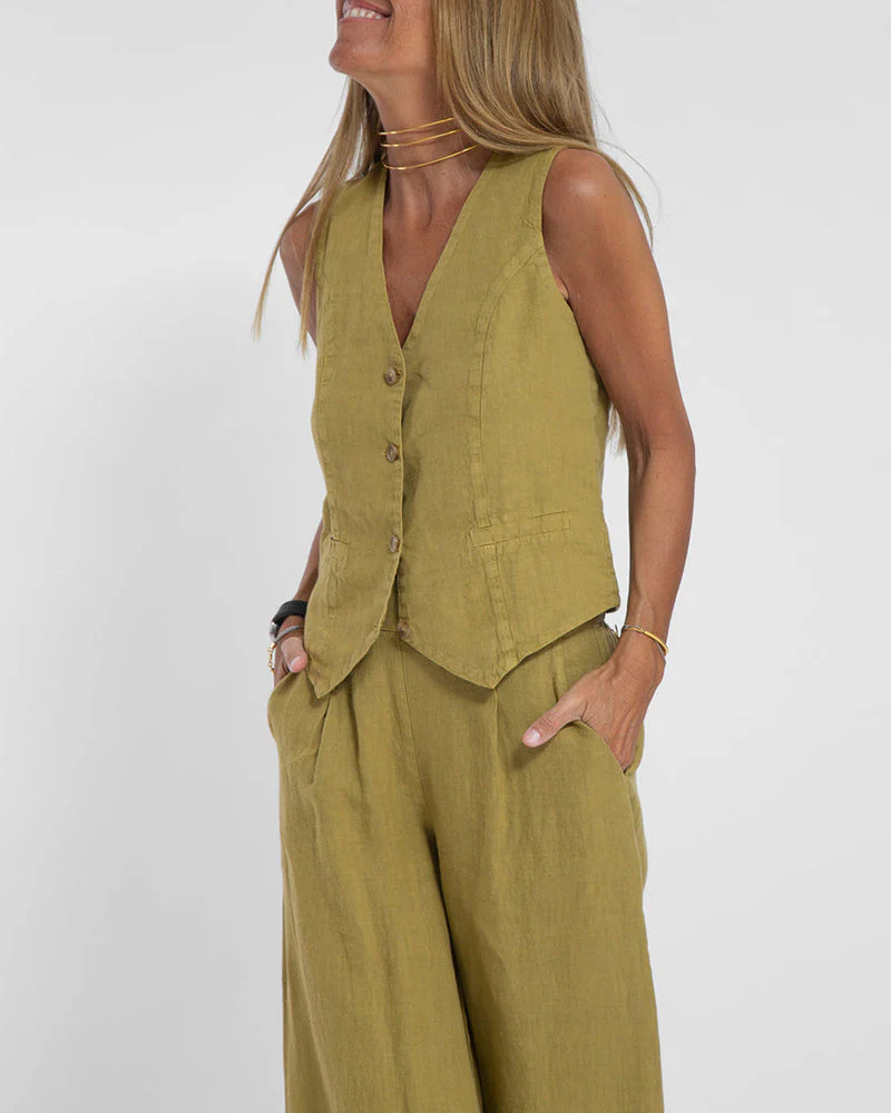 Heidi-Mode | Elegantes 2-Teiliges Set Leinen Weite Hose & Weste - Image 3