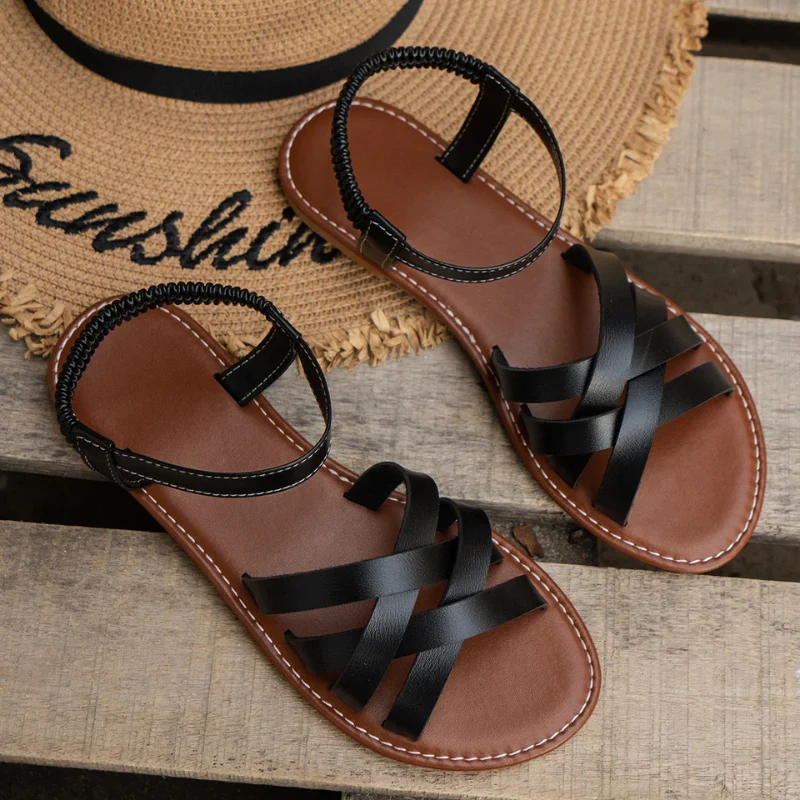 Heidi-Mode | Elegante Leder Damen Sandalen Flacher Schuh - Image 5