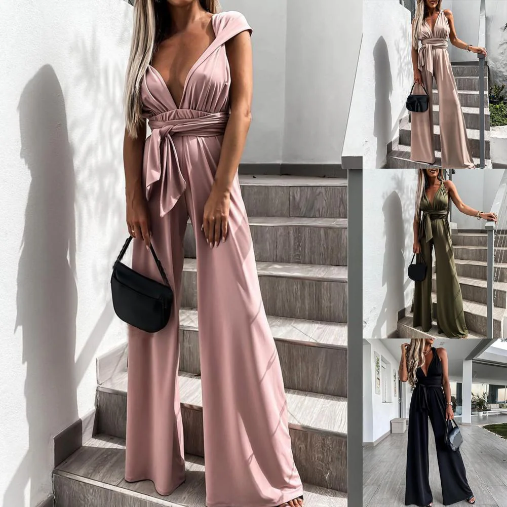 Heidi-Mode | Eleganter Ärmelloser Jumpsuit mit Tiefem V-Ausschnitt, Taillenbund und Weitem Bein