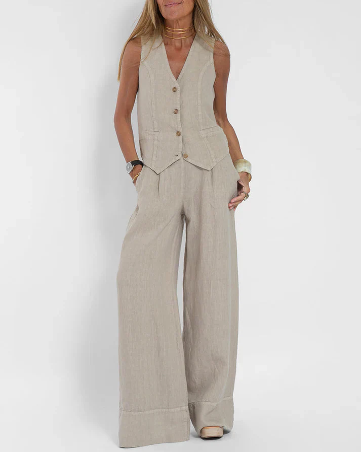 Heidi-Mode | Elegantes 2 Teiliges Satz Aus Weiter Leinenhose und Weste - Image 2