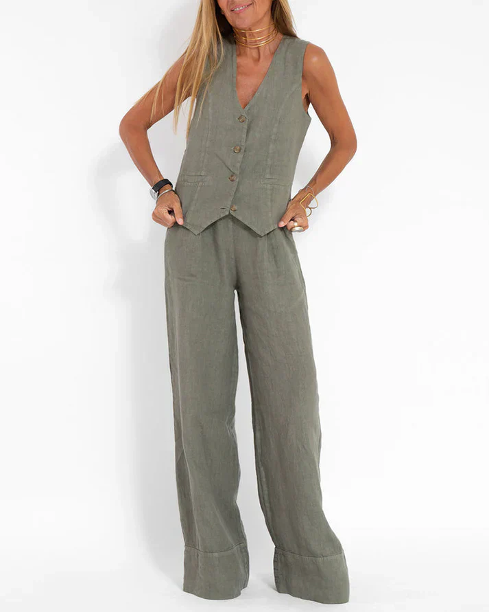 Heidi-Mode | Elegantes 2 Teiliges Satz Aus Weiter Leinenhose und Weste - Image 3