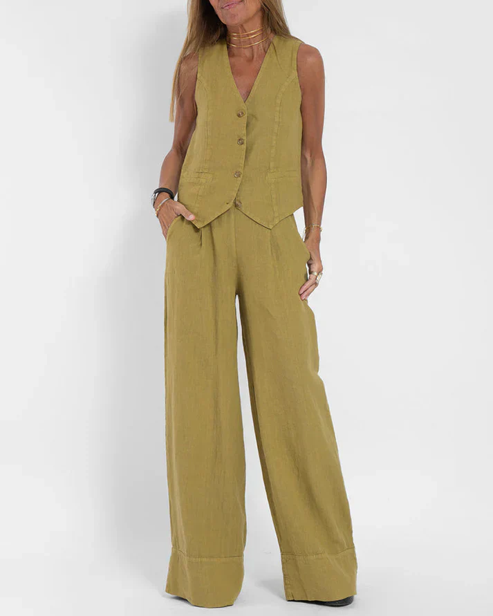 Heidi-Mode | Elegantes 2 Teiliges Satz Aus Weiter Leinenhose und Weste - Image 4