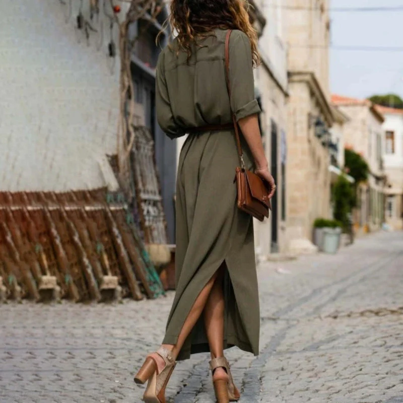 Heidi-Mode | Elegantes Button-Down-Hemdkleid für Damen Langärmliges Hemdblusenkleid Im Bohemian-Stil mit Gürtel - Image 3