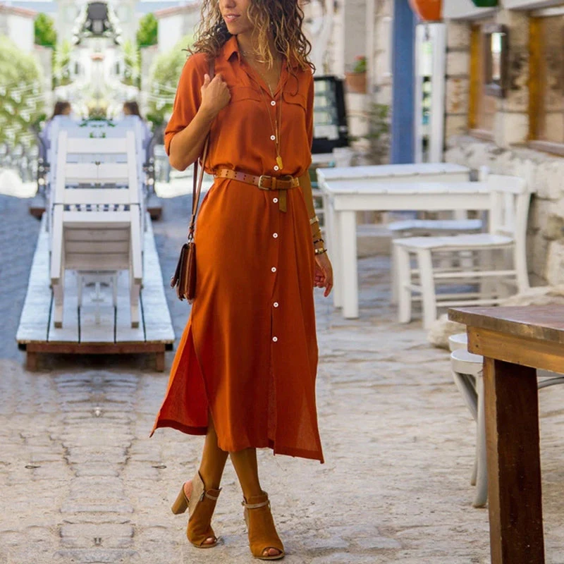 Heidi-Mode | Elegantes Button-Down-Hemdkleid für Damen Langärmliges Hemdblusenkleid Im Bohemian-Stil mit Gürtel - Image 4