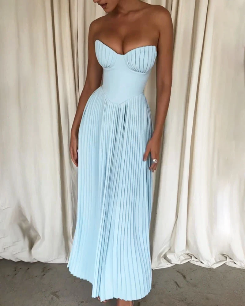 Heidi-Mode | Elegantes Einfarbiges Trägerloses Plissiertes Kleid