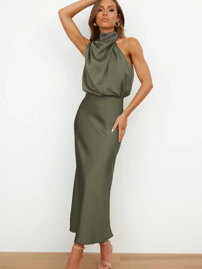 Heidi-Mode | Elegantes Halter Midi Kleid für Damen mit Hohem Hals und Satinlook - Image 3