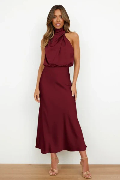 Heidi-Mode | Elegantes Halter Midi Kleid für Damen mit Hohem Hals und Satinlook - Image 6