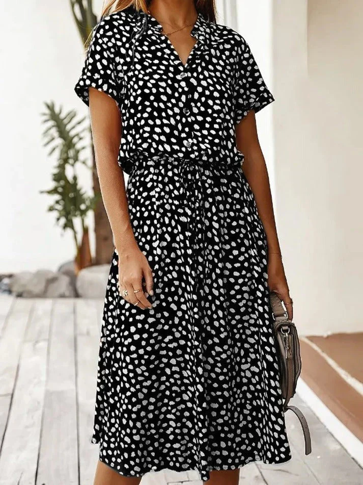 Heidi-Mode | Elegantes Kurzärmliges Hemdblusenkleid mit Polka Dots und Kordelzug In Der Taille - Image 4