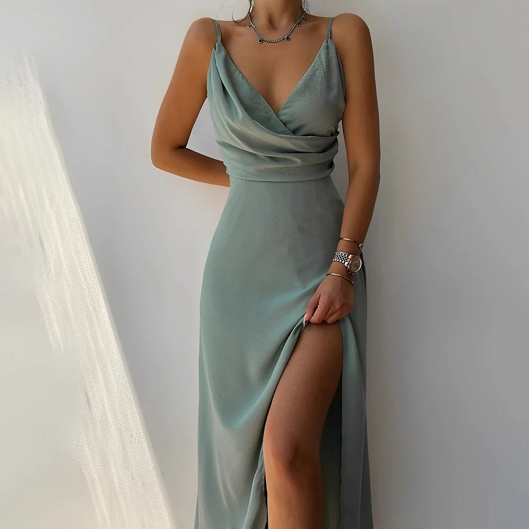 Heidi-Mode | Elegantes Satin Kleid mit Schlitz für Damen - Image 4