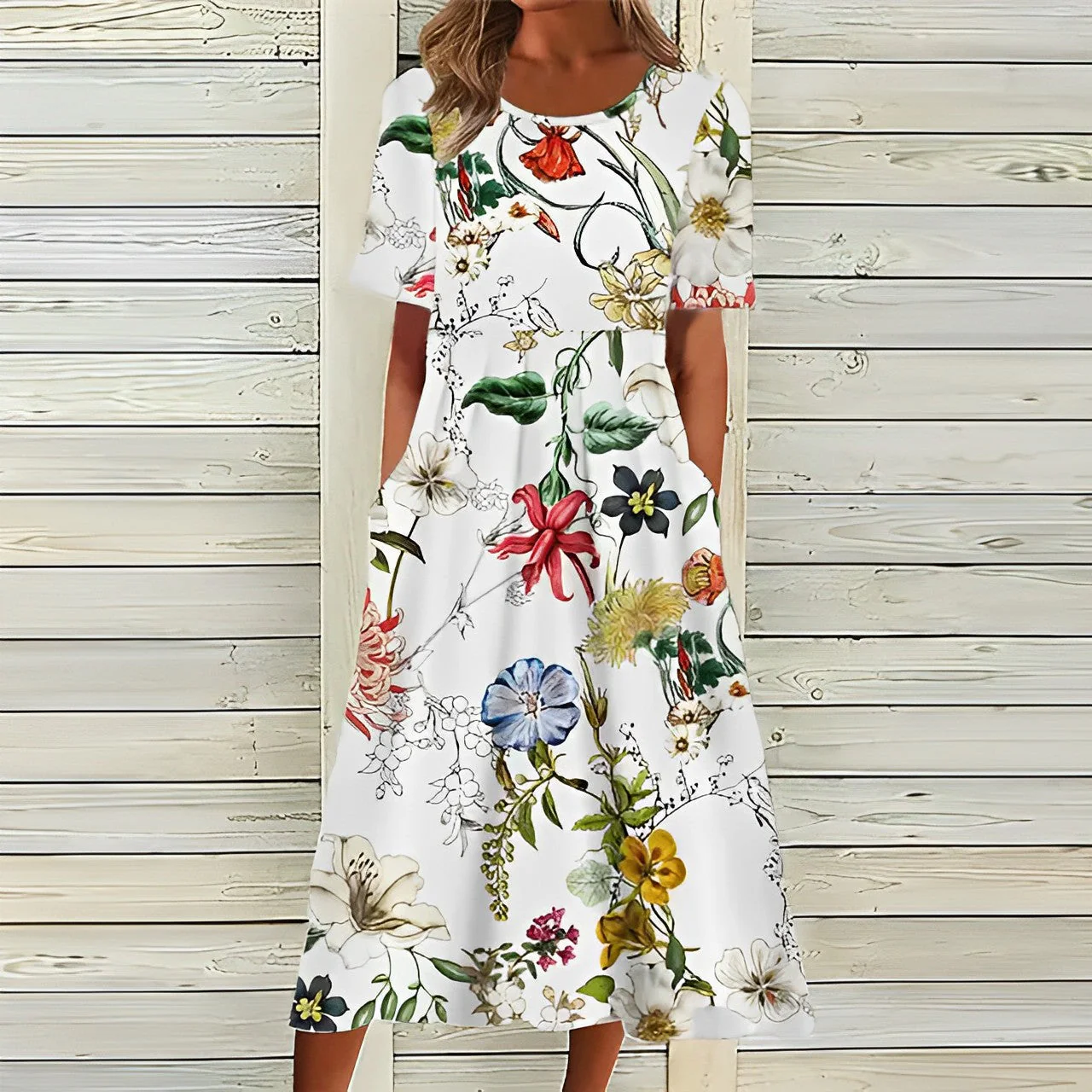 Heidi-Mode | Elegantes Weißes Blumiges Midikleid für Damen