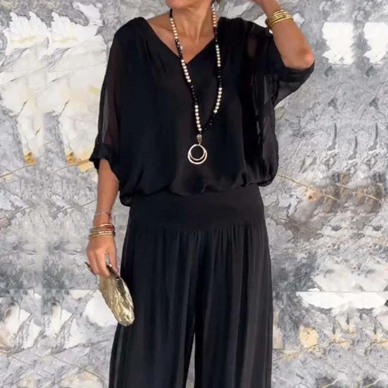 Heidi-Mode | Elegantes Zweiteiliges Set Aus Chiffonoberteil und Hose mit Weitem Bein