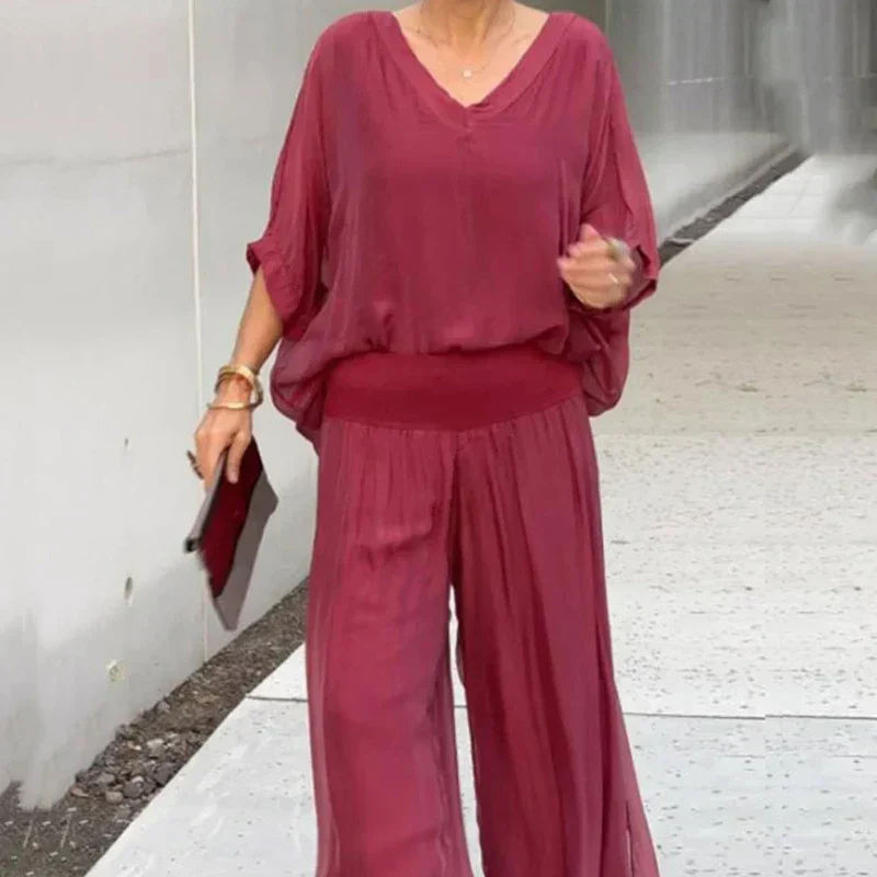 Heidi-Mode | Elegantes Zweiteiliges Set Aus Chiffonoberteil und Hose mit Weitem Bein - Image 6
