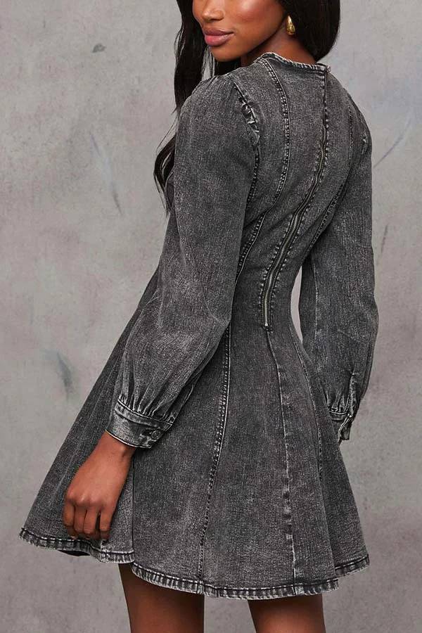 Heidi-Mode | Fade Into You Denim Prinzessinnenlinie Rückenreißverschluss Flare Stretch Mini Kleid - Image 15