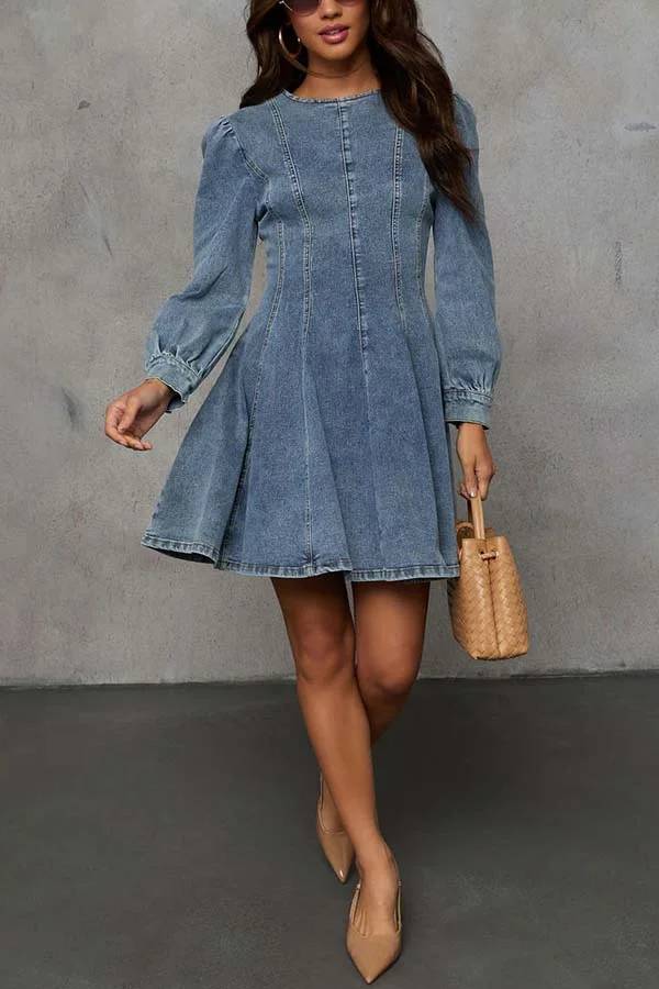 Heidi-Mode | Fade Into You Denim Prinzessinnenlinie Rückenreißverschluss Flare Stretch Mini Kleid - Image 5