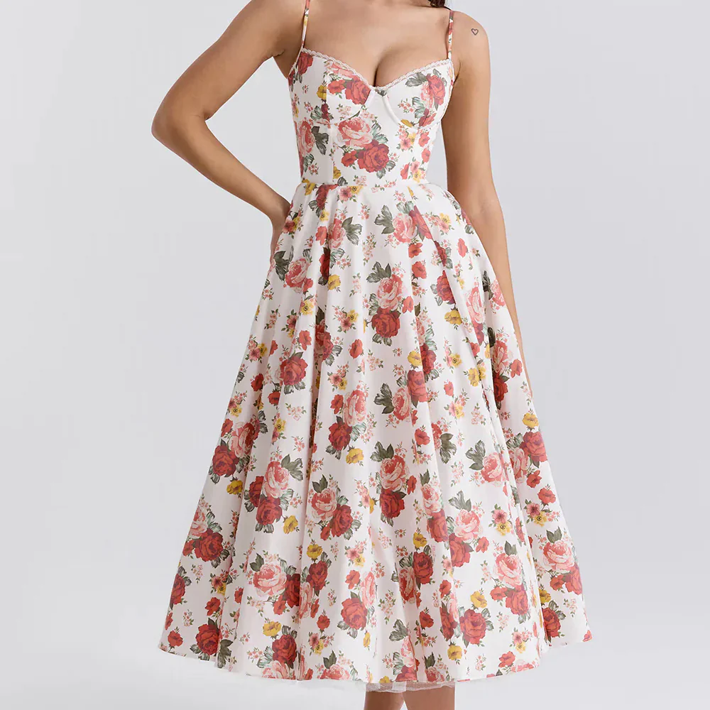 Heidi-Mode | Feminines Blumen Midikleid mit Korsett Oberteil