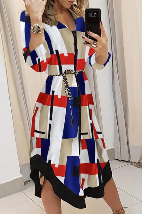 Heidi-Mode | Finde Dich Gut Bedrucktes Gürtel Hemd Midi Kleid - Image 2