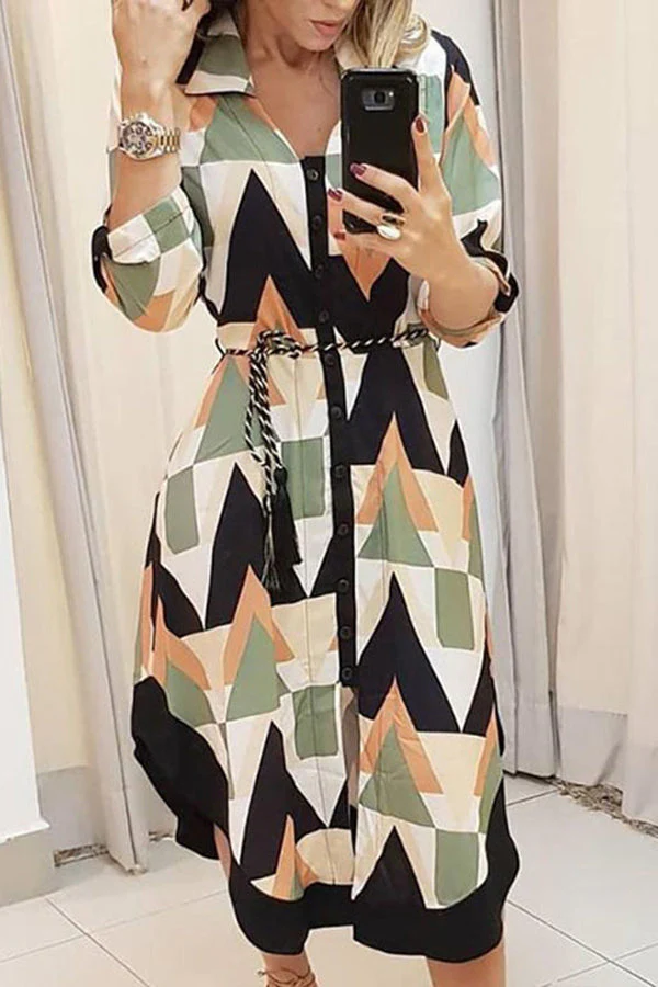 Heidi-Mode | Finde Dich Gut Bedrucktes Gürtel Hemd Midi Kleid - Image 4