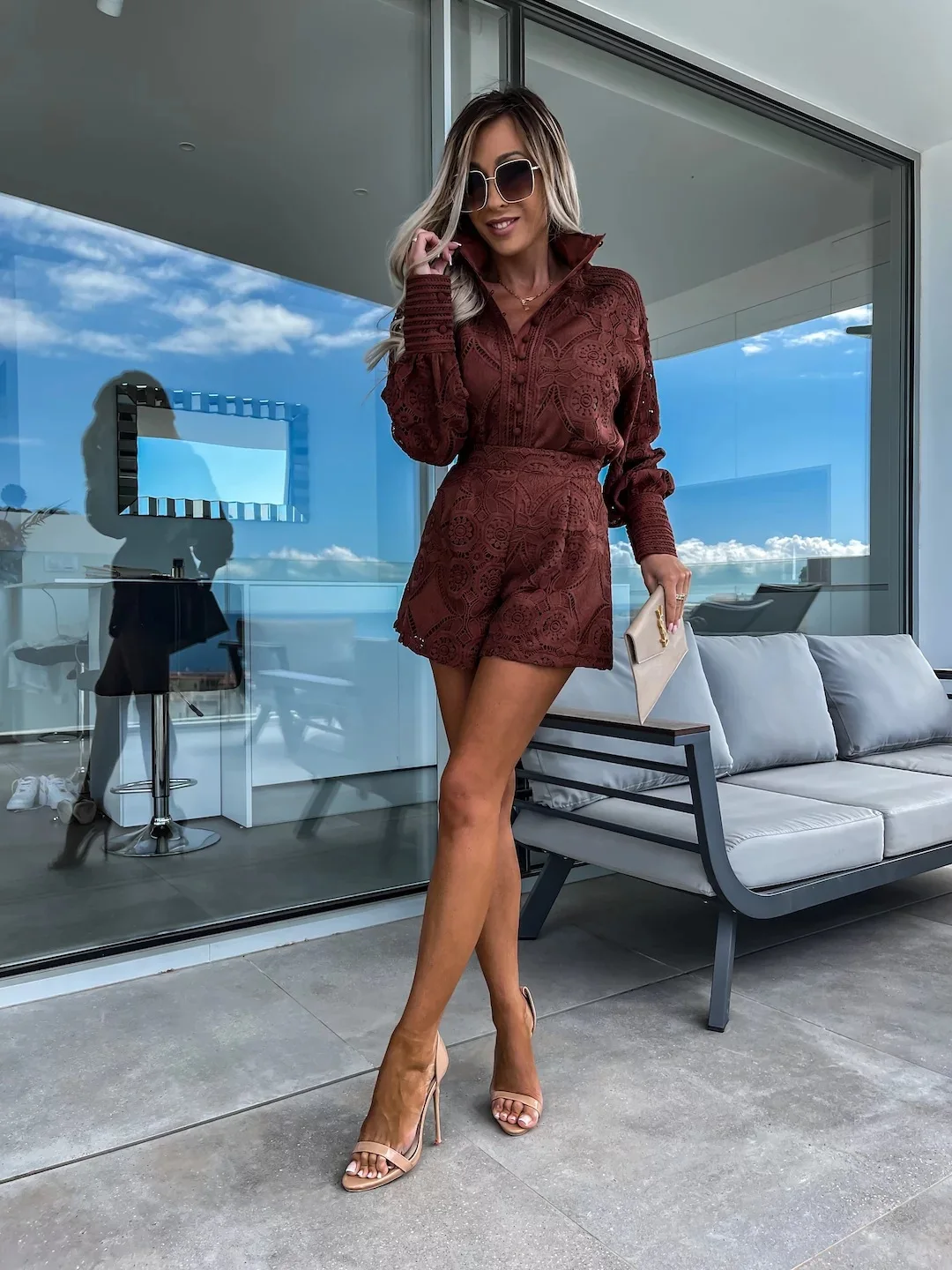 Heidi-Mode | Foridol Jahrgang Einreiher Weiß Spitze Frauen Shorts Set Frühling Langarm Lässig Fest 2 Stück Outfits Damen Anzug Sommer - Image 5