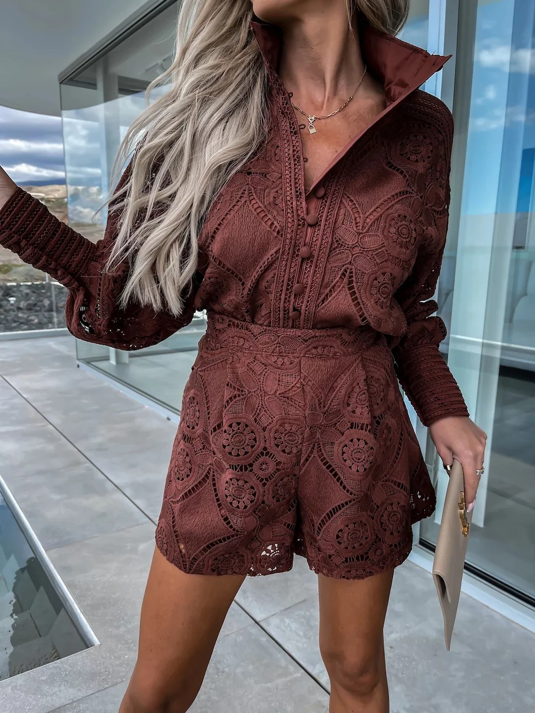 Heidi-Mode | Foridol Jahrgang Einreiher Weiß Spitze Frauen Shorts Set Frühling Langarm Lässig Fest 2 Stück Outfits Damen Anzug Sommer - Image 8
