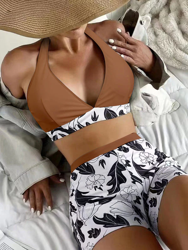 Heidi-Mode | Damen Hohe Taille Boxer Bindung Bedruckt Einfarbiges Panel Bikini - Image 17