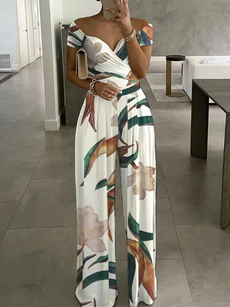 Heidi-Mode | Damen Jumpsuits V-Ausschnitt Botanischer Druck Schmaler Jumpsuit - Image 3