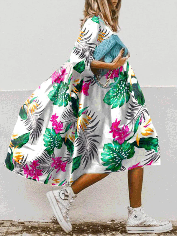 Heidi-Mode | Damen Kleider Boho Print Rundhalsausschnitt Mittelarm Kleid - Image 2