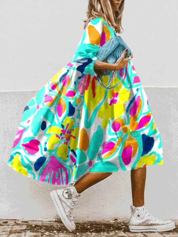 Heidi-Mode | Damen Kleider Boho Print Rundhalsausschnitt Mittelarm Kleid - Image 4