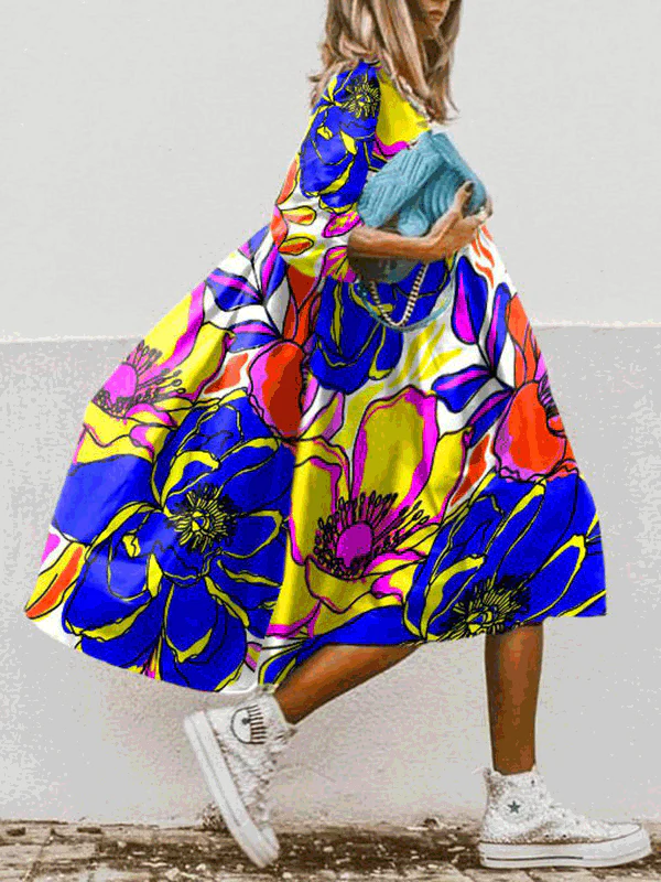 Heidi-Mode | Damen Kleider Boho Print Rundhalsausschnitt Mittelarm Kleid - Image 5
