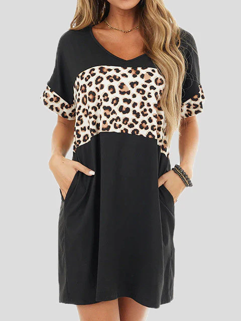 Heidi-Mode | Damenkleider Crew Neck Leopard Panel Tasche Legeres Kleid - Image 2