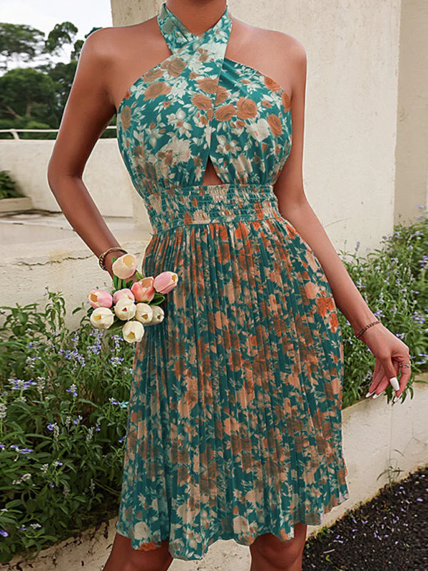 Heidi-Mode | Damen Woven Sexy Halter Neck Rückenfreies Blumen Kleid - Image 3