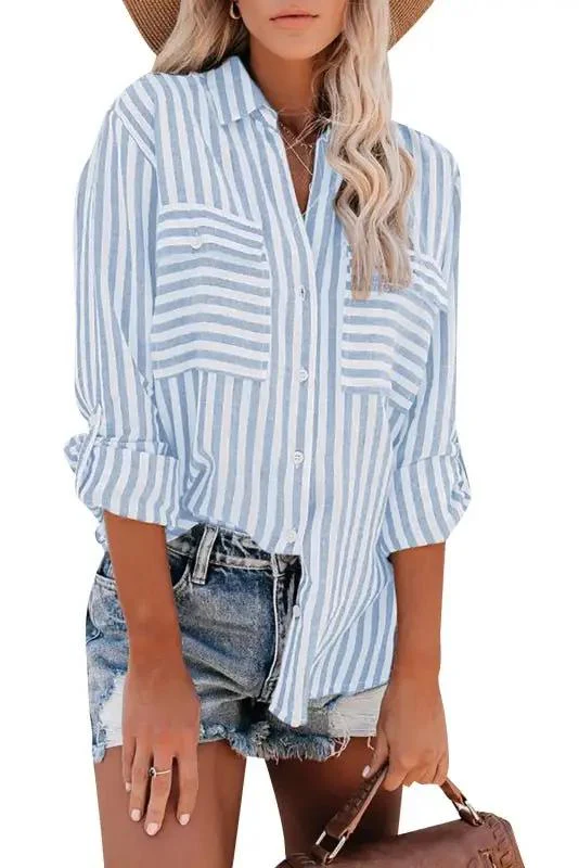 Heidi-Mode | Damen Leinen Baumwolle Gewaschen Wasserstreifen Einreihiges Langarmshirt Damen