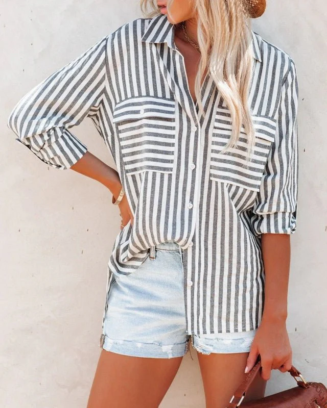 Heidi-Mode | Damen Leinen Baumwolle Gewaschen Wasserstreifen Einreihiges Langarmshirt Damen - Image 5