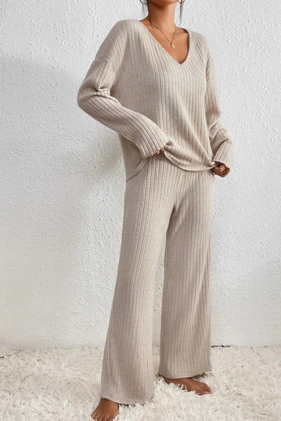 Heidi-Mode | Damen Rippstrick Zwei-Teilen Loungewear Set
