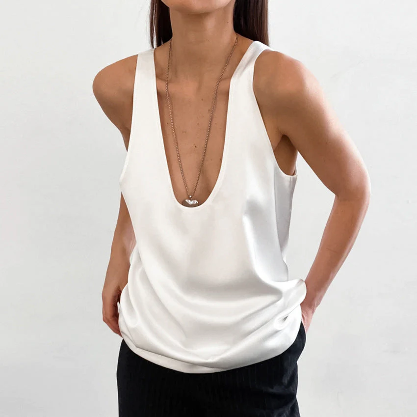 Heidi-Mode | Frauen Satin U Hals T-Shirt Ärmelloses Top - Image 2