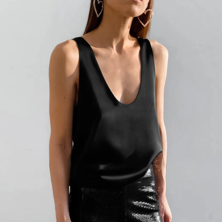 Heidi-Mode | Frauen Satin U Hals T-Shirt Ärmelloses Top - Image 3