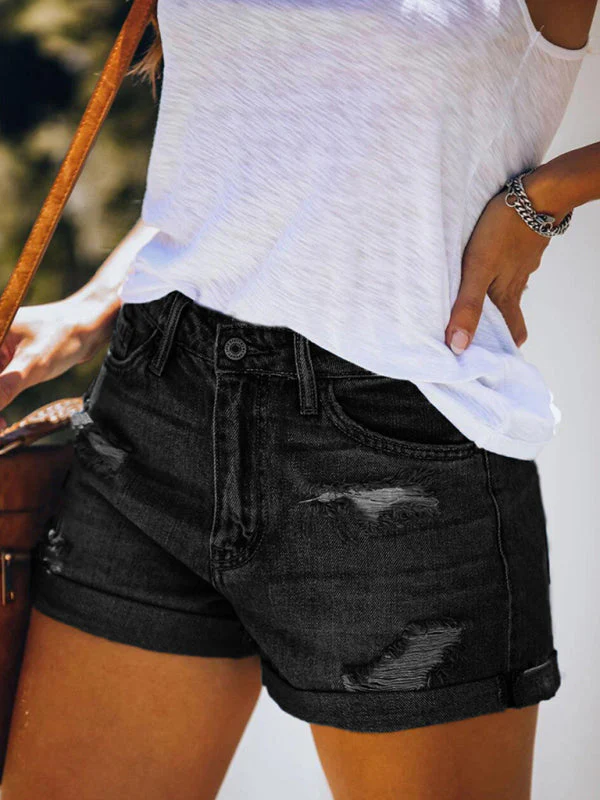 Heidi-Mode | Damen Stretch Mittelhohe Denim-Shorts mit Löchern - Image 13