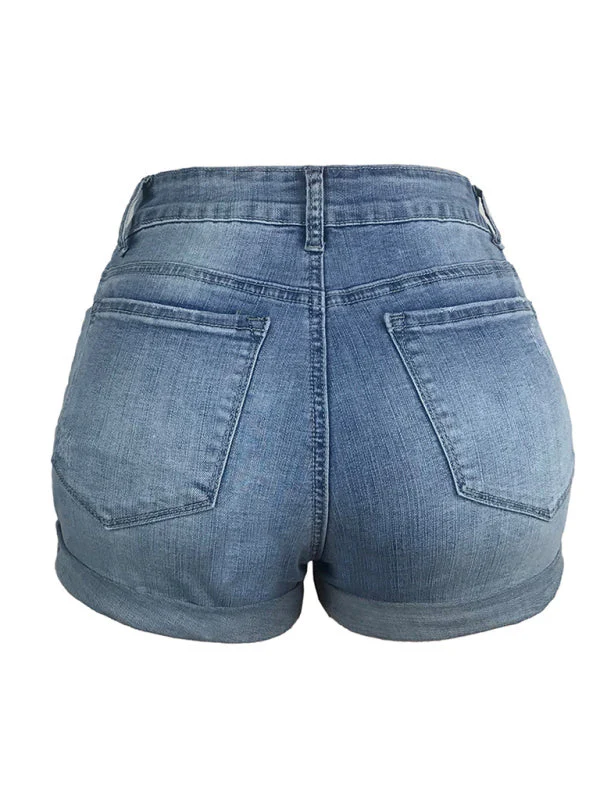 Heidi-Mode | Damen Stretch Mittelhohe Denim-Shorts mit Löchern - Image 2