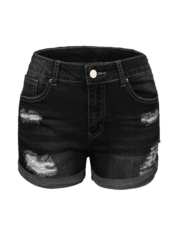 Heidi-Mode | Damen Stretch Mittelhohe Denim-Shorts mit Löchern - Image 6