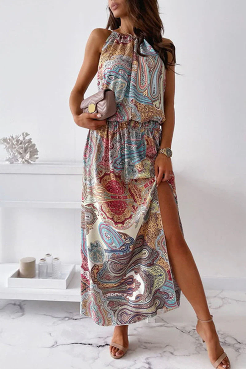 Heidi-Mode | Jahrgang Elegant Print Halter A-Linie Kleider - Image 3