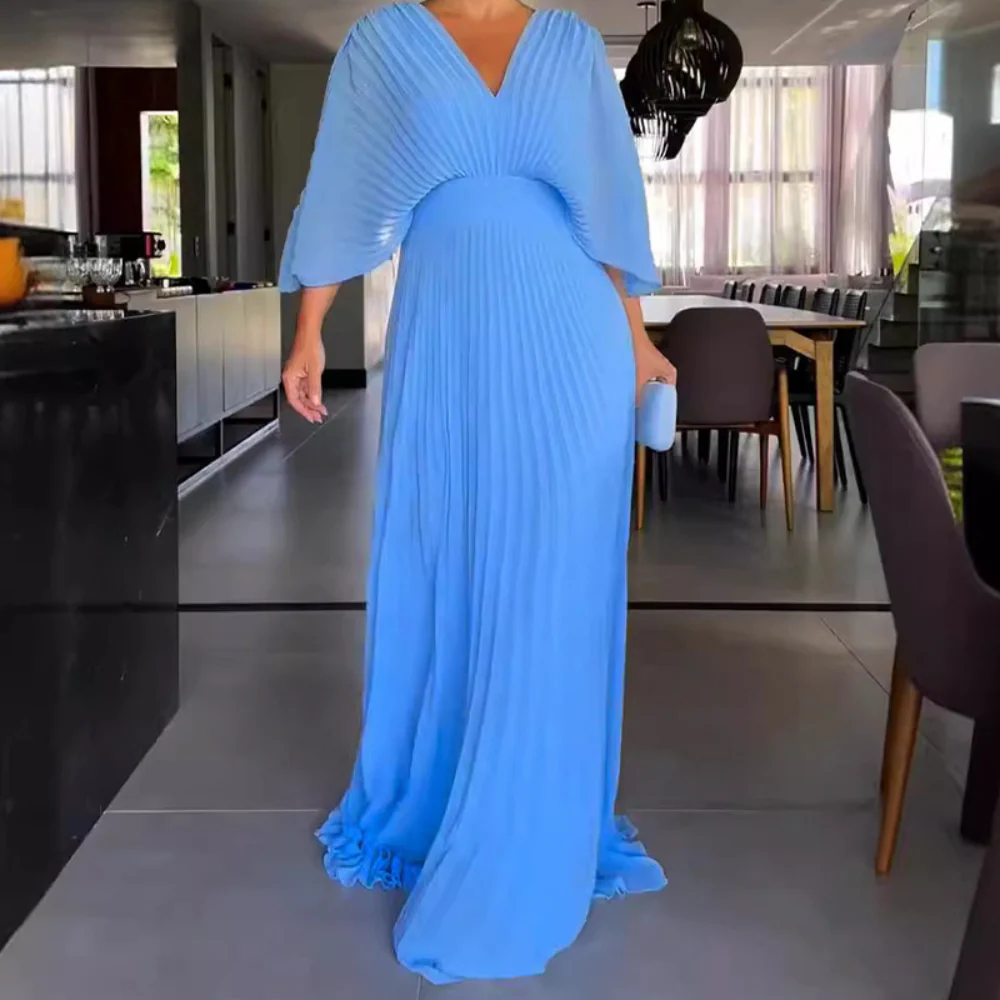 Heidi-Mode | Gefaltetes V-Ausschnitt Maxikleid mit Fließenden Ärmeln für Damen - Image 2