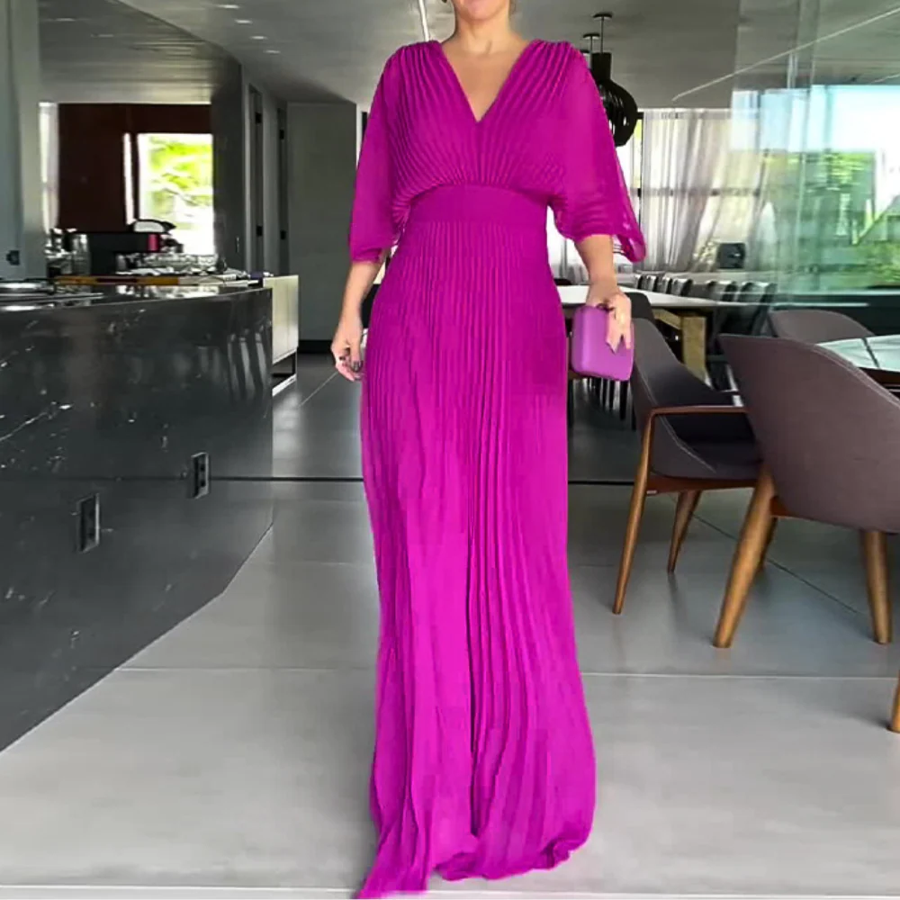 Heidi-Mode | Gefaltetes V-Ausschnitt Maxikleid mit Fließenden Ärmeln für Damen - Image 6