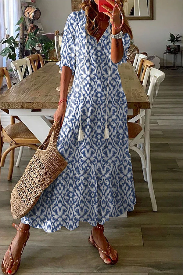 Heidi-Mode | Geometrischer Druck Freizeit V-Ausschnitt Maxi-Kleid