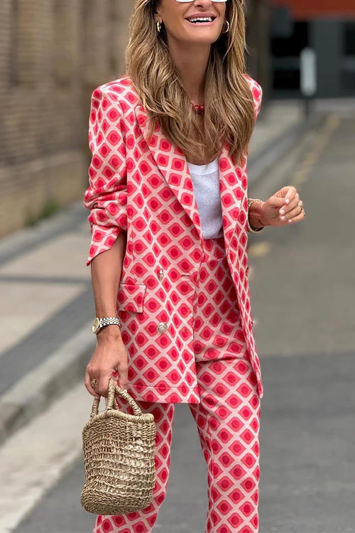 Heidi-Mode | Rosiedress Geometrischer Druck Revers Doppelt Knopf Blazer und Flare-Hosen Set - Image 2