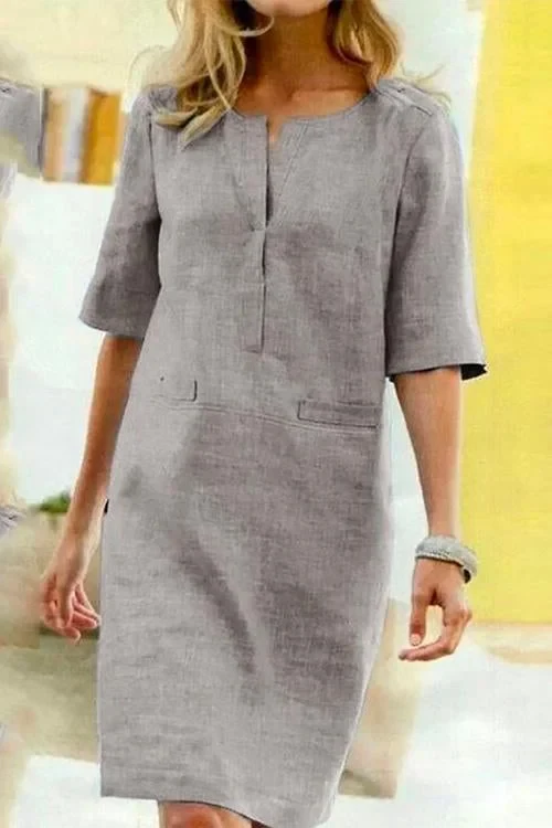 Heidi-Mode | Gerade Kleid mit Kurzen Ärmeln Aus Baumwolle und Leinen - Image 2